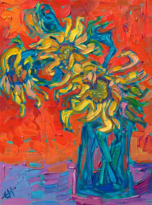 Yellow sunflowers stand against a colorful backdrop of purple and orange. The thick, post-impressionistic brush strokes capture the colors and create a sense of movement within the painting.</p><p>"Flowers on Table" was created on fine linen board. The painting arrives framed in a classic gold plein air frame.