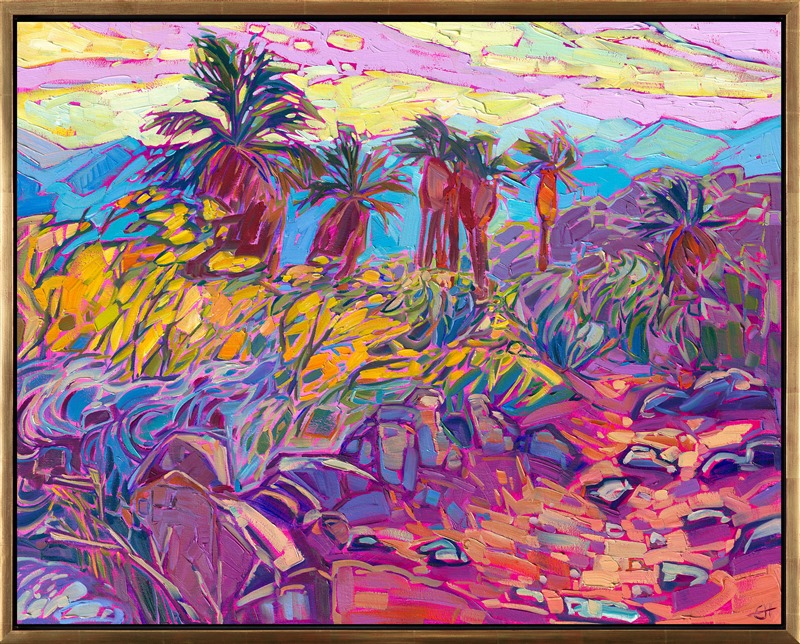 Indian Canyon in Palm Springs, California, is an oasis of surprising color in the midst of bare, desert mountainsides all around.  The trickling stream of water allows for abundant growth of flowering desert plant life. This painting captures the beauty of California's desert.</p><p>"Indian Dawn" is an original oil painting created on gallery-depth canvas. The piece arrives framed in a contemporary gold floating frame, ready to hang.