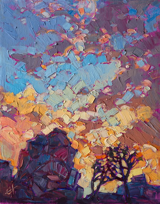Bold sunset colors bring this Joshua Tree landscape to life. The brush strokes in this painting are thick and impressionistic, full of life and motion.</p><p>This painting was created on 3/4"-deep canvas. It has been framed in a beautiful complementary plein air frame and arrives wired and ready to hang.