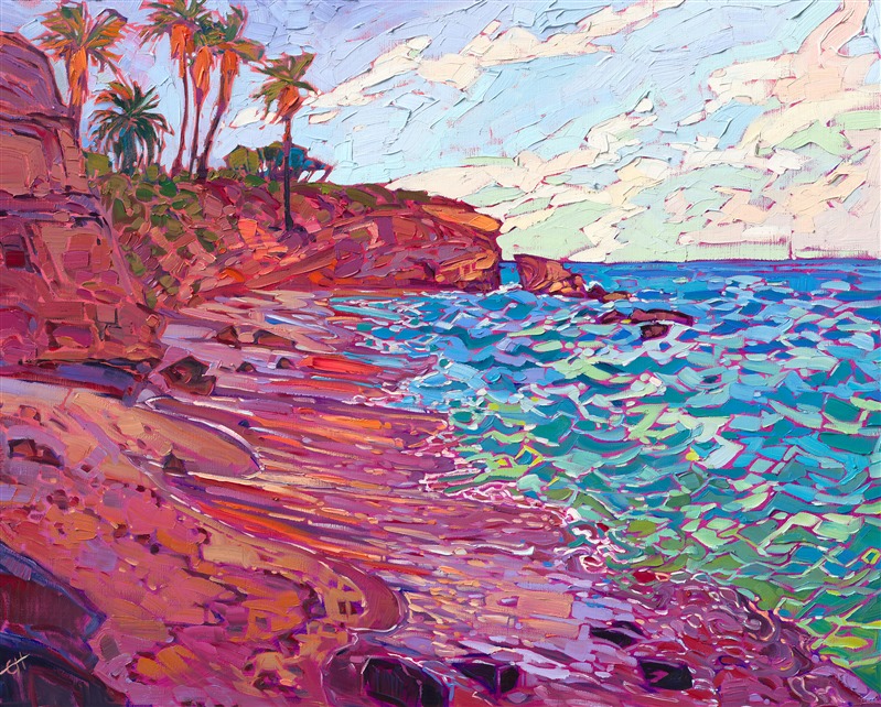 Bold colors of pink and orange capture the colors of early dawn in this oil painting of the La Jolla Cove in San Diego, California. The aquamarine colors of the ocean are painted with loose, impasto brush strokes that capture the feeling of movement in the waves.</p><p>"La Jolla Cove II" was created on gallery-depth stretched linen, with the sides of the canvas painted as a continuation of the piece. The painting arrives framed in a contemporary gold floater frame.