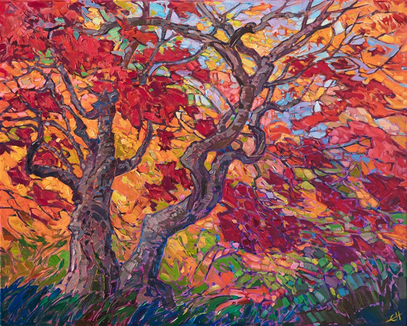 A flurry of color moves through this painting of Japanese maple trees, inspired by a recent trip to Kyoto, Japan. The impressionistic brush strokes are loose and lively, creating a mosaic of color and texture across the canvas.</p><p>"Maple Dance" was created on 1-1/2" canvas, with the painting continued around the edges. The painting has been framed in a custom-made, gold floating frame.<br/>