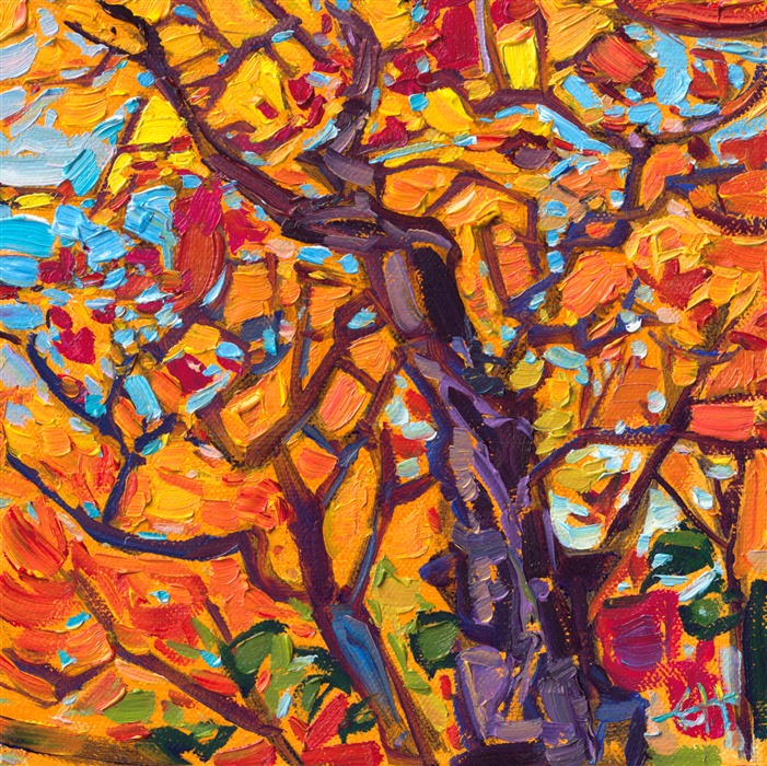 This miniature painting captures the vibrant oranges found in Kyoto's maple trees. The brush strokes are loose and expressive, making even a small canvas alive with motion and texture.</p><p>"Maple Petite" is an original oil painting on linen board. The piece arrives framed in a mock floater frame, pictured above.