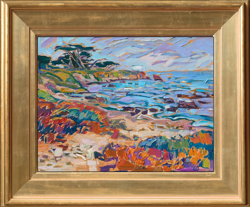 The Monterey Penninsula is captured in vivid hues of purple-red iceplant and baby blue ocean waters. The brush strokes in this petite painting are thickly applied with an expressive hand. The paint strokes fit together like a mosaic of glass tiles.</p><p>"Monterey Cove" is an original oil painting created on linen board. The piece arrives framed in a plein air frame, ready to hang.