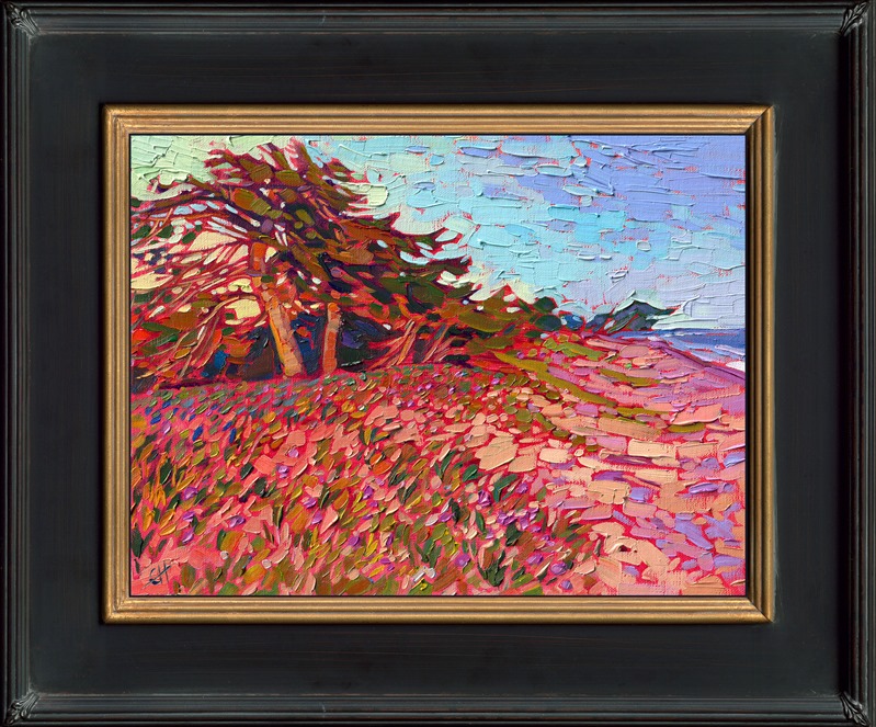 Monterey is famous for its brightly-colored ice plants that grow right along the sandy coastline. This painting captures all the beauty of the peninsula in springtime, with impressionistic color. </p><p>"Monterey Ice Plants" is an original oil painting on linen board. The piece arrives framed in a classic plein air frame.