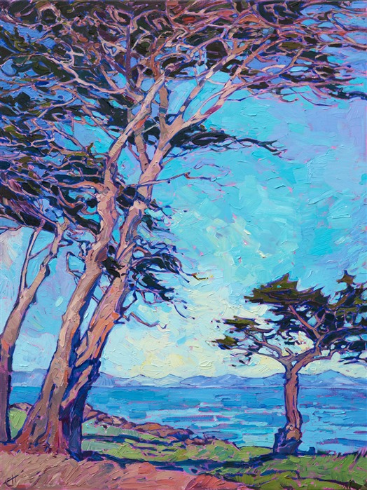 The dramatic and graceful cypress trees of Monterey are a true joy to paint. Each brush stroke in this painting captures the movement of the coastal air and the early morning glow across the landscape. 