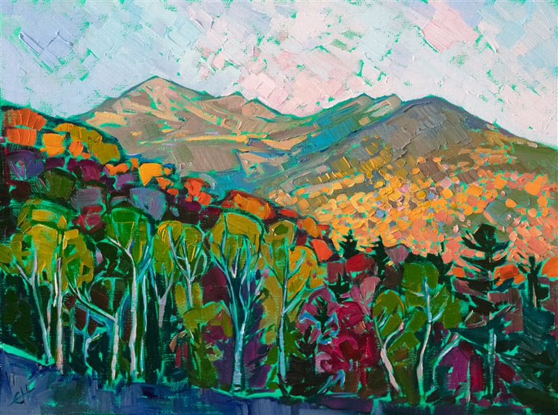 This painting captures the wide expanse of the White Mountains on a petite canvas. Each impressionistic brush stroke capture the movement and color of the scene.</p><p>"Mt Washington" was created on fine linen board, and the painting arrives framed in a hand-carved and gilded plein air frame.