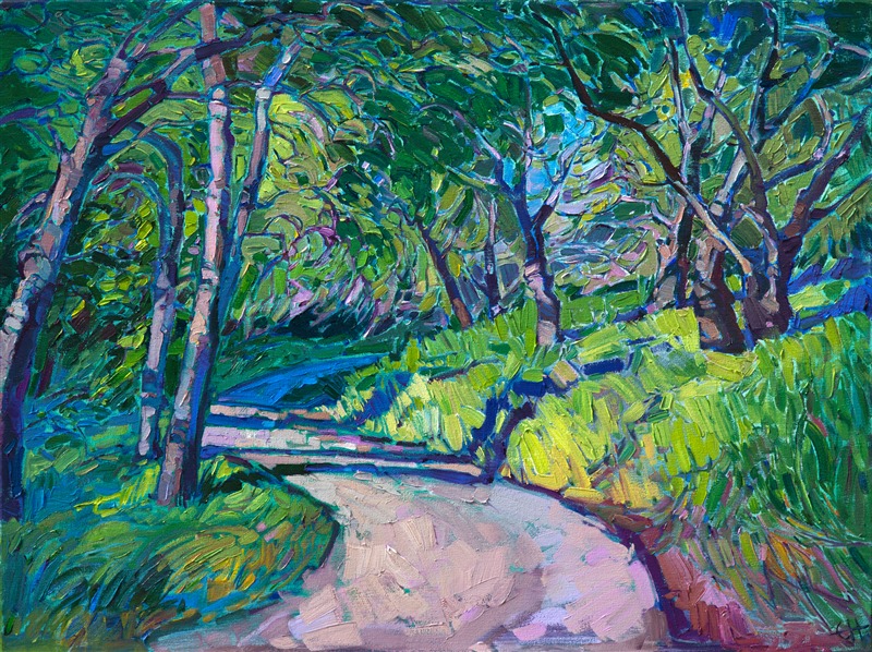 Spring greens and summer yellows are brought to life in this oil painting. Cool shadows contrast against the warm light, creating a rhythm of color and texture within the piece.  Each impressionistic brush stroke is alive with motion.</p><p>This painting was done on 1-1/2" deep canvas, with the painting continued around the edges for a finished look.