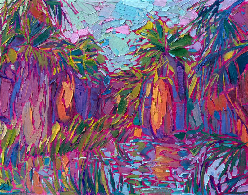 Thousand Palms Oasis near Palm Springs is captured in vivid hues of green, blue, and purple. The thickly-applied brush strokes add texture and movement to the painting, drawing your eye in to the cool shade beneath the palms.</p><p>"Oasis Blues" is an original oil painting on linen board. The piece arrives framed in a gold plein air frame, ready to hang.<br/>