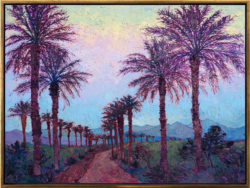 A graduated rainbow of color stands as the backdrop to this painting of La Quinta palms in the Coachella Valley.  The frothy purple fronds are darkened with dusky purple shadows, and the surrounding desert landscape changes as twilight approaches.</p><p>The painting was made on 1-1/2" canvas, with the painting continued around the edges.  The piece arrives framed and ready to hang.</p><p>