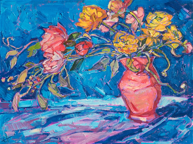 A vase of peonies and ranunculus inspired this oil painting. The bright, contrasting colors and abstract shapes are captured in impressionistic, painterly brush strokes. </p><p>This painting was created on 1-1/2" deep canvas, and it has been framed in a 23kt gold floater frame.