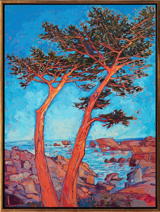Brilliant hues of dawn cast a red glow over the colorful landscape of Pebble Beach. The cypress trees, sculpted by coastal winds, create abstract shapes against the blue morning sky. Each brush stroke is thick and impressionistic, applied in a contemporary, painterly style.</p><p>"Red Cypress" was created on 1-1/2" canvas, with the painting continued around the edges of the canvas. The piece has been framed in a 23kt gold floater frame.