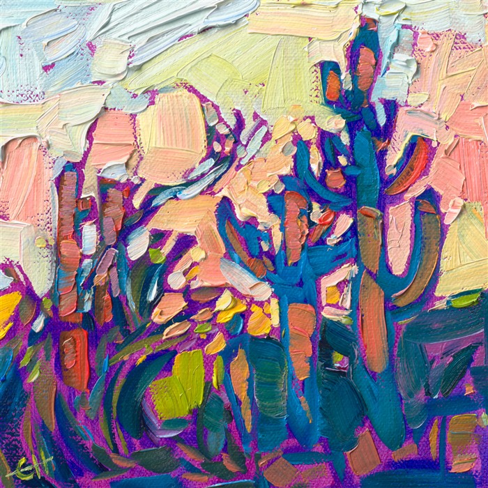 The saguaro cactus glows with sunset colors in this small oil painting. The piece is inspired by the landscape near Scottsdale, Arizona. Each brush stroke adds an expressive piece of color to the composition.</p><p>"Saguaro Petite" is an original oil painting on linen board. The piece arrives framed in a plein air frame, ready to hang.