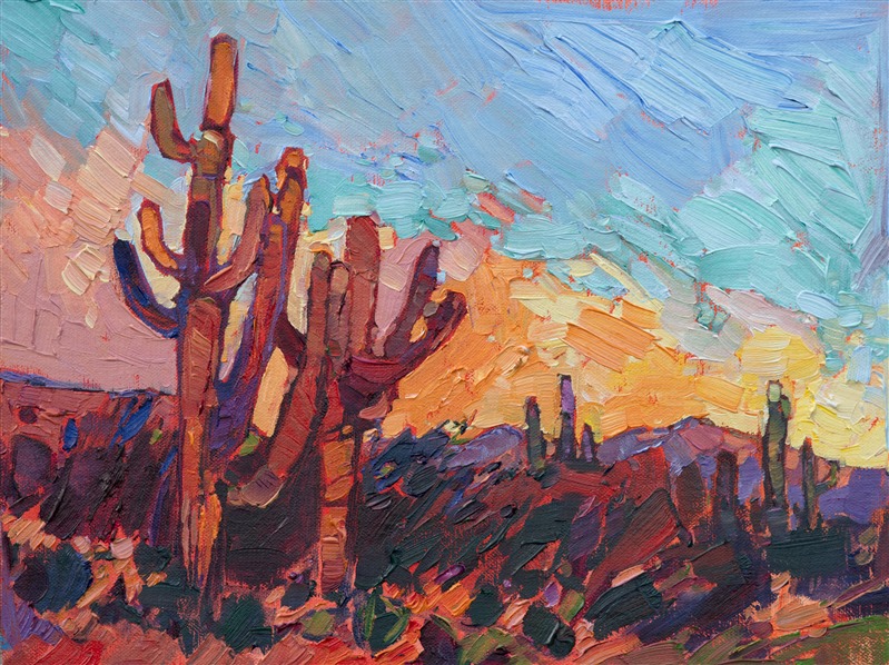 This painting of Arizona focuses on the beautiful abstract shapes of the Saguaro cactus.  I love the way these cacti turn color in the sunset light, reflecting back the warm sherbet glow from their waxy skin.  The brush strokes in this piece are loose and impressionistic, focusing on the movement and light of the outdoors.</p><p>This painting was done on 1/8" canvas, and it arrives framed and ready to hang.