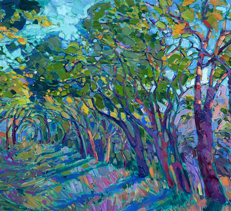 Summer green oaks line this inviting path, their overhanging branches creating a beautiful arbor of changing light and shadow overhead.  The late afternoon light filters through the leaves, forming abstract mosaics of color.  The brush strokes are thick and impressionistic, full of life of movement.</p><p>This painting was done on 1-1/2" deep canvas.  It has been framed in a gold floater frame.