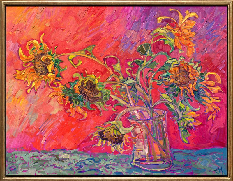 A vase of summer sunflowers stands against a red background. The large heads of the sunflowers are framed with drying yellow petals and curling green leaves. The brush strokes in this impressionist painting are thick and expressive, alive with color and movement.</p><p>"Summer Sunflowers" is an original oil painting created on gallery-depth, stretched canvas. The painting arrives framed in a closed-corner, gilded floater frame.