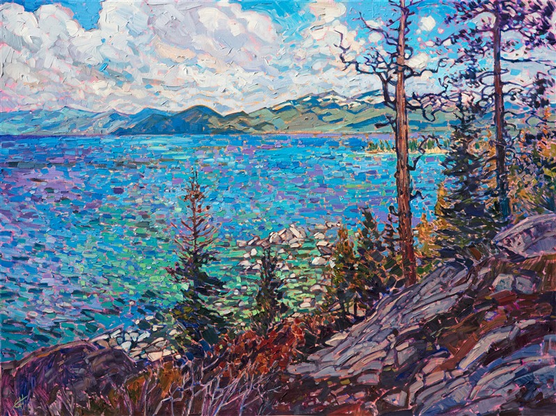 Lake Tahoe is all about the color blue... I have never seen so many shades of blue in a body of water before. Tahoe is truly the Caribbean of the Sierras. This painting captures all the beauty of a summer morning spent gazing across the lake to the snow-topped mountains in the distance.</p><p>This painting was done on 1-1/2" canvas, with the painting continued around the edges of the canvas, and it has been framed in a custom-made gold floater frame. The painting arrives ready to hang.