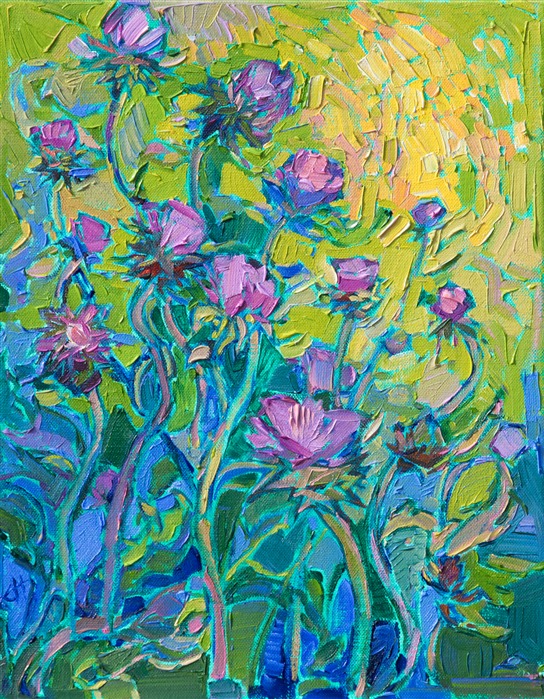 Purple thistles bloom with color against an apple green backdrop. The brush strokes in this painting are loose and impressionistic, alive with color and motion.</p><p>This painting was created on 1/8" linen board, and it arrives framed in a gold plein air frame.