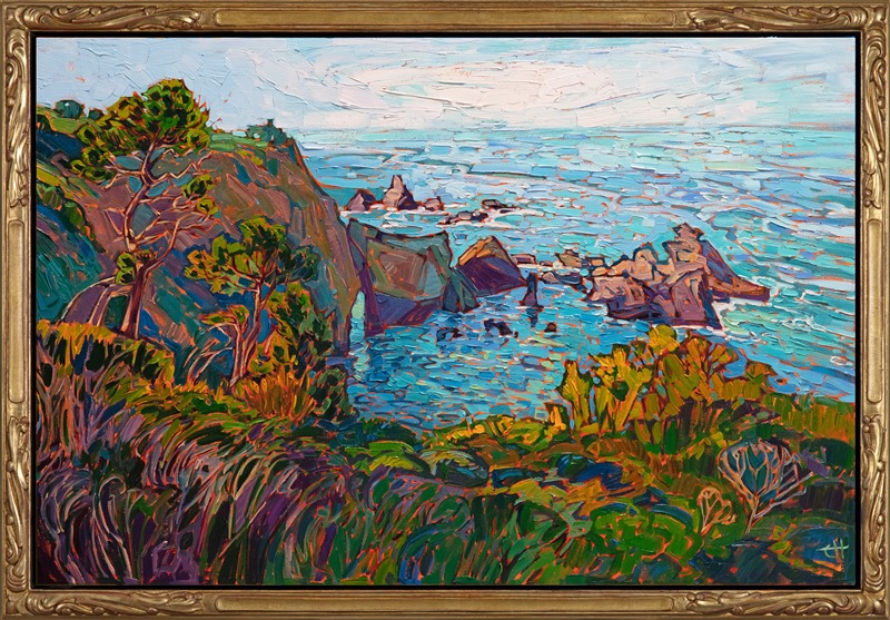 The soft light of afternoon casts a warm glow across this Mendocino coastline in northern California. The impressionistic painting has been framed in a hand-carved and gilded "open impressionist" frame designed by the artist.