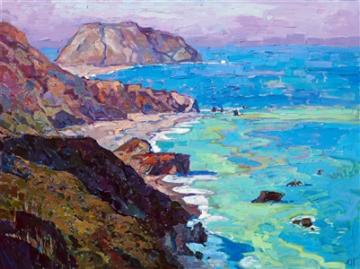 Driving up and down California Highway 1 lets you experience beautiful, expansive vistas for hour after hour.  I love driving Highway 1 at dawn, before the crowds come out, when the coastline is quiet and shrouded in rising mist.

This painting has been framed in a hand-gilded, carved floater frame that was designed to complement the colors in this painting.  It will arrived wired and ready to hang.

This painting will be included in the exhibition <i><a href="https://www.erinhanson.com/Event/erinhansoncoastalcalifornia" target="_blank">Erin Hanson: Coastal California</i></a>, at The Erin Hanson Gallery in San Diego. The artist's reception will take place on June 24th.  If you purchase this painting online, it will be shipped to you the week of June 26th.