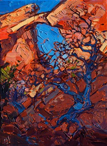 Arches National Park is a land of abstract contrasts.  Dramatic red arches against a blue sky and vibrant blue shadows against the sun-lit sandstone all make for perfect painting opportunities. This small oil painting focuses on these dramatic juxtapositions of shape and color.

This painting was created on a 3/4"-deep canvas. It has been framed in a classic, museum-quality frame and arrives ready to hang.

Exhibited: St George Art Museum, Utah, in a solo exhibition celebrating the National Park's centennial: <i><a href="https://www.erinhanson.com/Event/ErinHansonMuseumShow2016" target="_blank">Erin Hanson's Painted Parks</a></i>, 2016.