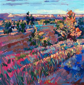 This painting was included in the exhibition <i><a href="https://www.erinhanson.com/Event/ContemporaryImpressionismatGoddardCenter" target="_blank">Open Impressionism: The Works of Erin Hanson</i></a>, a 10-year retrospective and study of the development of Open Impressionism at The Goddard Center in Ardmore, OK. 

About the painting:
This painting of the Arizona high desert captures the beautiful late afternoon light at the beginning of summer. The colors are electric against the contrasting shadows.  Notice how this color palette in this painting compares with the colors in other paintings from this time period.