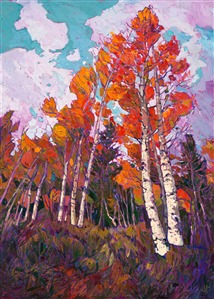 Cedar Breaks National Park, near Zion in Utah, has inspired a new series of autumn-hued oil paintings.  These October paintings are alive with color and motion, capturing the beautiful aspens and evergreens in thickly-applied brush strokes and intriguing compositions.

This painting was created on a gallery-depth canvas with the painting continued around the edges. The painting will arrive in a beautiful hardwood floater frame, ready to hang.

Exhibited: St George Art Museum, Utah, in a solo exhibition celebrating the National Park's centennial: <i><a href="https://www.erinhanson.com/Event/ErinHansonMuseumShow2016" target="_blank">Erin Hanson's Painted Parks</a></i>, 2016.