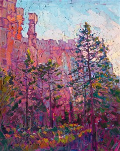 Bryce Canyon after a snowfall is one of the most beautiful sights to see in the Southwest.  Hiking early in the morning to shake off the sub-freezing temperature is the best way to enjoy Bryce.  The steepled rock formations reflect red light that bounces around within the pillars, while the tall pines are a beautiful contrast against the red.

The brush strokes in this painting are loose and impressionistic, capturing the abstract nature of the landscape with a free hand and vibrant color.

This painting was created on a gallery-depth canvas with the painting continued around the edges. The painting will arrive in a beautiful hardwood floater frame, ready to hang.

Exhibited: St George Art Museum, Utah, in a solo exhibition celebrating the National Park's centennial: <i><a href="https://www.erinhanson.com/Event/ErinHansonMuseumShow2016" target="_blank">Erin Hanson's Painted Parks</a></i>, 2016.