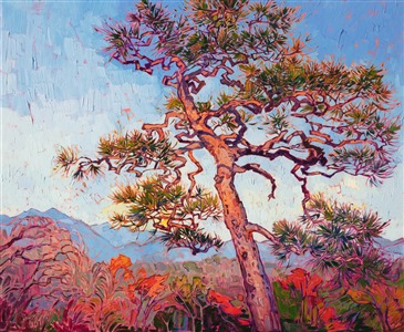 The tangled arms of a Japanese pine tree stands against a backdrop of Kyoto mountains and autumn trees. The impressionistic brush strokes capture the texture and movement of the ancient tree, bringing it to life on the canvas.

"Japanese Pine" was created on 1-1/2" canvas, with the painting continued around the edges. The painting arrives framed in a contemporary gold floater frame.